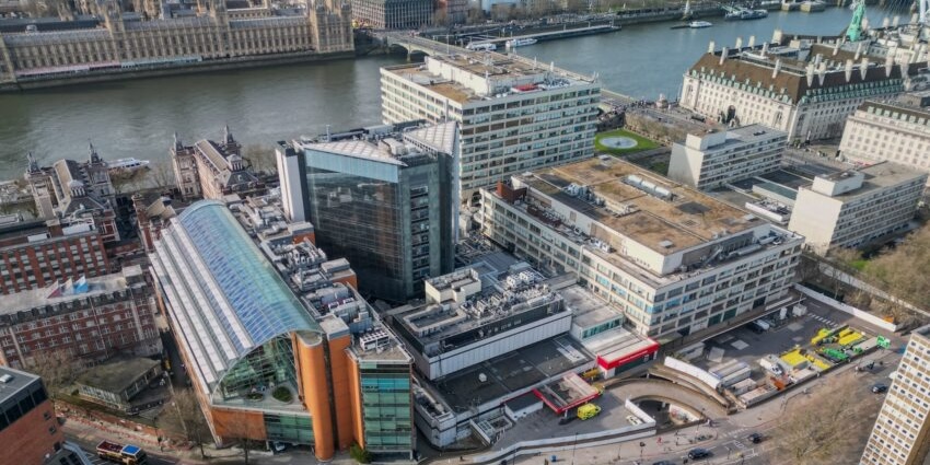 Aerial view of Guy’s and St Thomas’ NHS Foundation Trust in central London.
