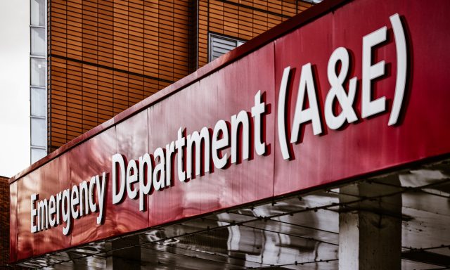 Emergency department entrance at an NHS acute hospital, illustrating the role of A&E in Mental Health Act pathways and crisis care.