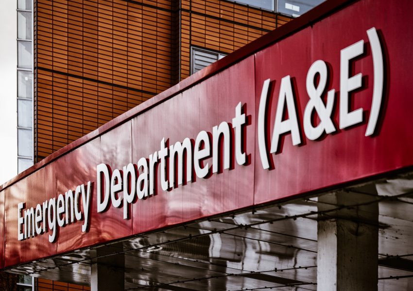Emergency department entrance at an NHS acute hospital, illustrating the role of A&E in Mental Health Act pathways and crisis care.