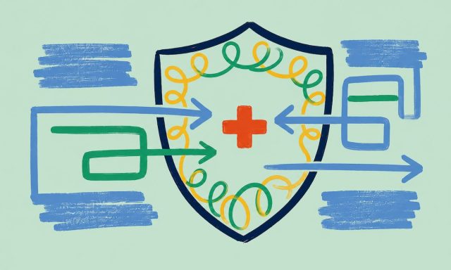 Illustration representing clinical safety by design, showing a protective shield surrounded by connected workflows and decision pathways.