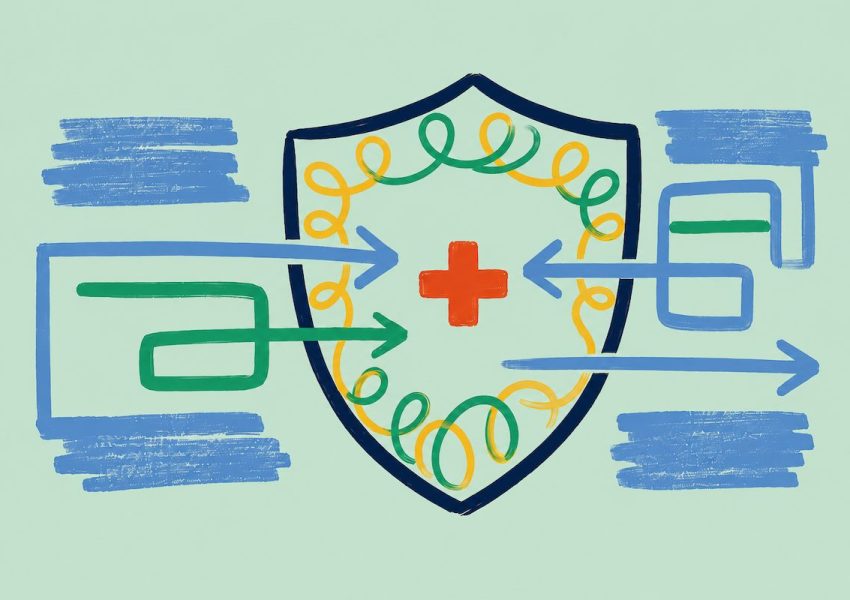 Illustration representing clinical safety by design, showing a protective shield surrounded by connected workflows and decision pathways.
