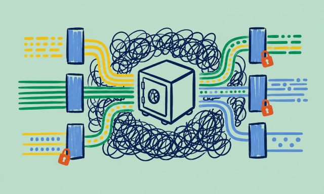 Illustration of secure information flowing through connected systems, representing information governance, data sharing and accountability in healthcare.