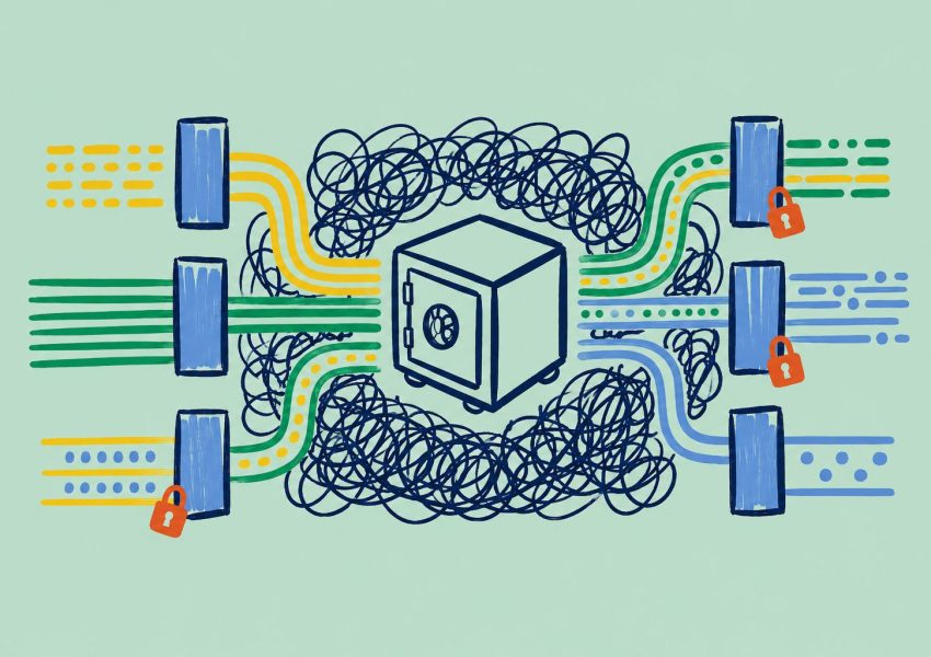 Illustration of secure information flowing through connected systems, representing information governance, data sharing and accountability in healthcare.