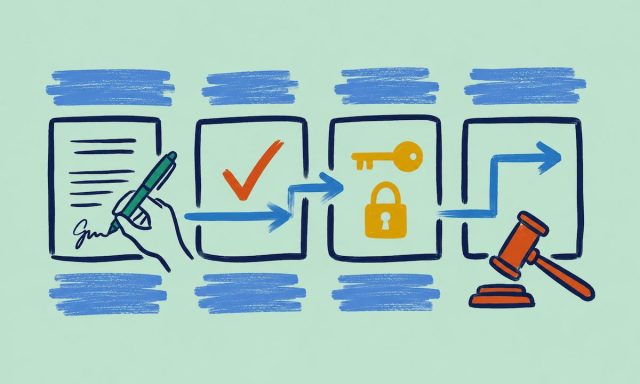Illustration showing legal documents, workflow steps and compliance checks representing legislation embedded within digital healthcare processes.