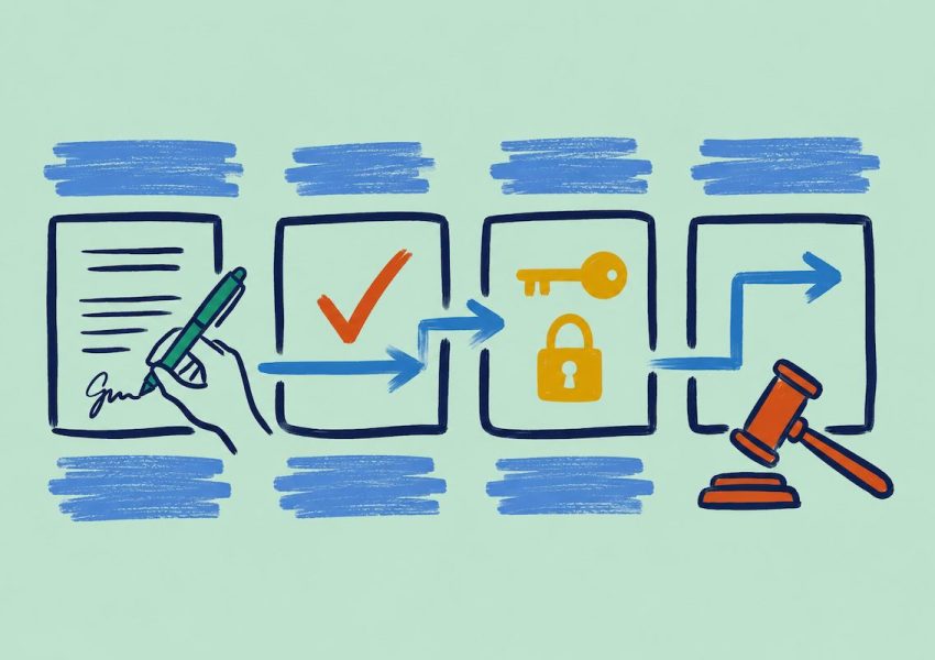 Illustration showing legal documents, workflow steps and compliance checks representing legislation embedded within digital healthcare processes.