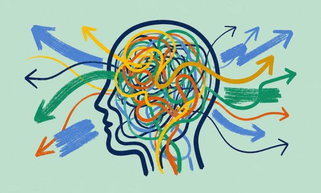Illustration representing lived experience by design, showing a human profile filled with interconnected thoughts and perspectives flowing in multiple directions.