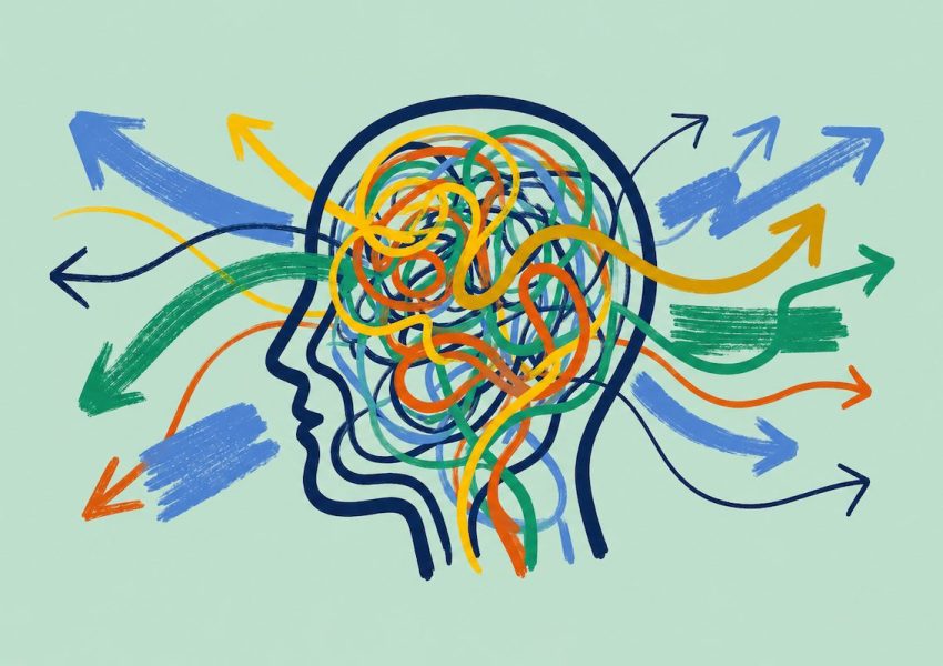 Illustration representing lived experience by design, showing a human profile filled with interconnected thoughts and perspectives flowing in multiple directions.