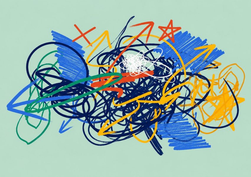 Abstract illustration of intersecting lines, arrows and shapes representing multiple perspectives, constructive challenge and collaborative decision-making.