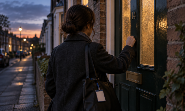 An AMHP social worker, seen from behind, knocks on the front door of a terraced house at dusk, ID badge visible on her bag.
