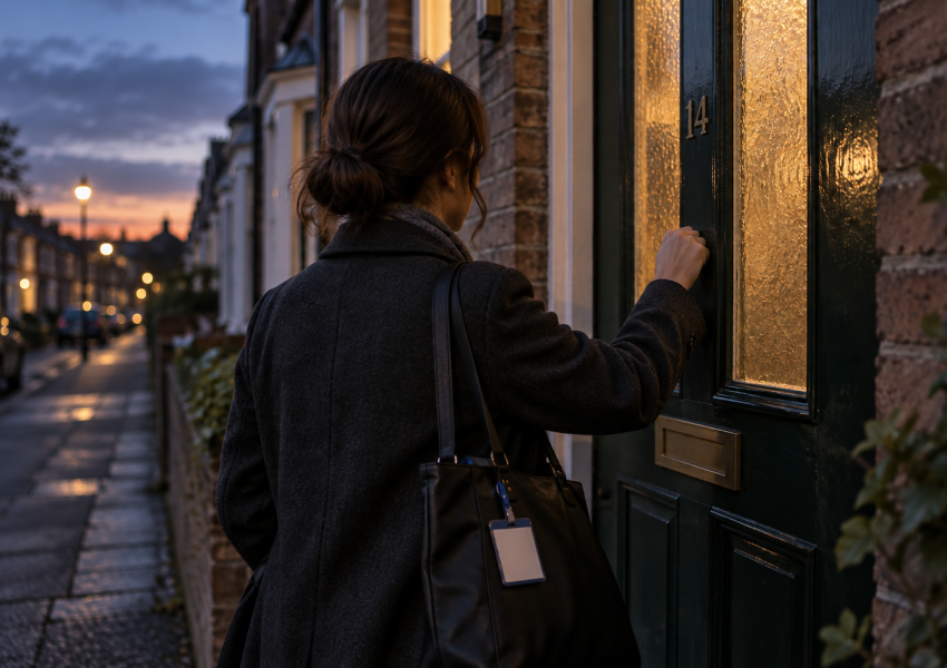 An AMHP social worker, seen from behind, knocks on the front door of a terraced house at dusk, ID badge visible on her bag.
